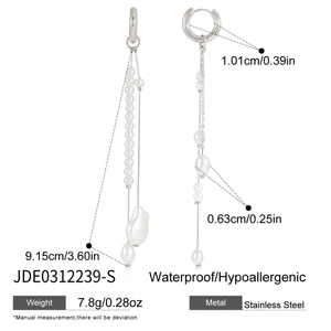 Detail showing dimensions and measurements of stainless steel tassel pearl earrings
