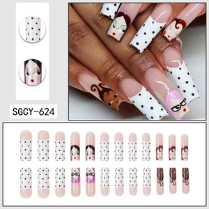 French style long ballerina press on nails with polka dots and cartoon girl portraits