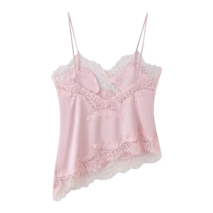 Pink lace patchwork camisole with irregular hem and thin straps on white background