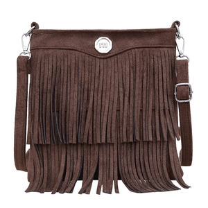 Brown suede crossbody bag with fringe tassels and metallic M detail in front view