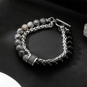 Multilayer bohemian natural stone beaded bracelet with grey beads and metal chain