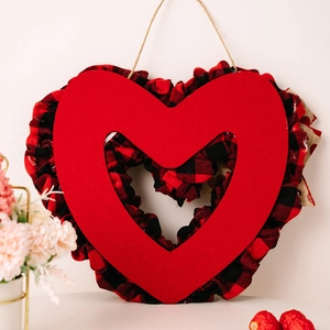 Red buffalo plaid heart wreath with burlap rope hanger for Valentine decoration