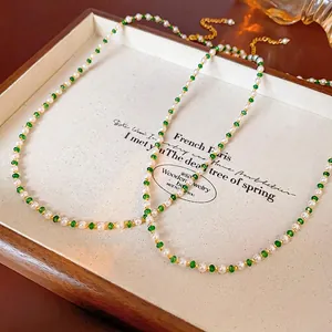 Elegant gold plated pearl necklace with green agate beads and adjustable chain