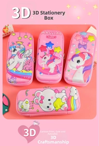 Detail view of pink 3D unicorn and bunny pencil case with embossed EVA material