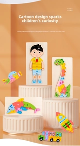 Detailed view of 3D wooden animal and vehicle puzzles with numbered pieces for early learning