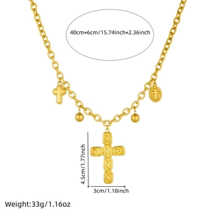 Vintage stainless steel oval cross necklace with gold beads and size annotations