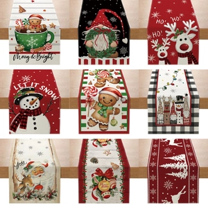 Christmas Table Runner Linen Polyester Blend Festive Santa Reindeer Print Holiday Dining Room Kitchen Decor Party