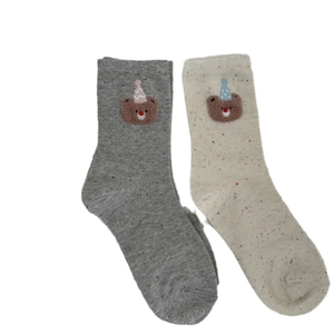 Cozy dotted knit socks featuring cute embroidered cartoon bears with birthday hats
