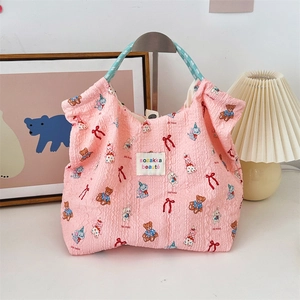 Pink cartoon animal bubble fabric tote bag with soft texture and bow details