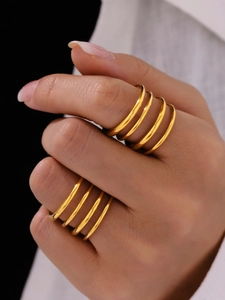 Macro view of 18K gold plated stainless steel stacked rings with high polish finish