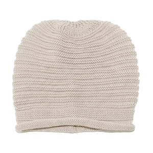 Minimalist oatmeal knitted beanie for women with horizontal texture and rolled cuff