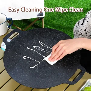 Portable non-stick Maifan stone BBQ grill pan with dual handles for outdoor camping