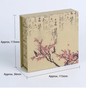 Detail of vintage Chinese gift box with plum blossom art, size 115mm x 115mm x 38mm