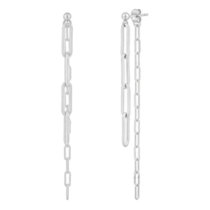 Detail of silver S925 paperclip tassel chain earrings with pearls and sleek metal finish