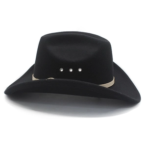 Detail of black western cowboy hat featuring silver side vents and a khaki leather band