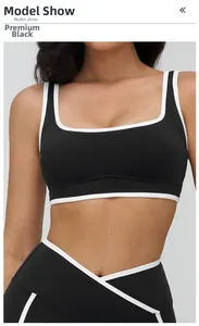 Close-up of square neckline sports bra with contrast piping and crossover waistband