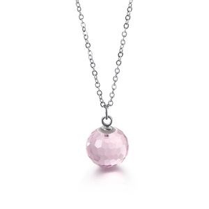 Minimalist stainless steel necklace featuring a faceted pink crystal ball pendant on white