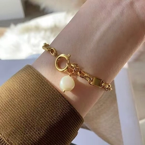 Bracelet Chaîne À Maillons Géométriques Plaqué Or 18K Avec Pendentif Künstliche Perle D'imitation Baroque Bijoux De Mode Pour Femmes