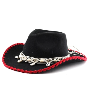 Classic black wool felt cowboy hat with red stitched edge and shell beaded band