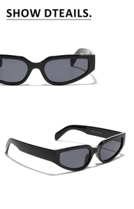 Close-up of model 20256 black cat-eye sunglasses temple with size dimensions and CE mark