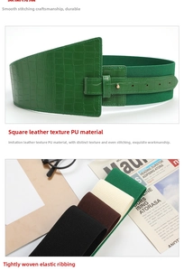 Detail of 8cm wide elastic waist belt with faux crocodile PU leather and metal buckle
