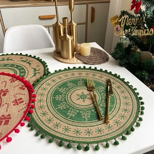 Christmas jute round placemats with festive prints and pom-pom edges for holiday table decor