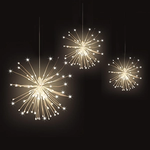 Hanging LED firework lights with warm white glow and dandelion copper wire design