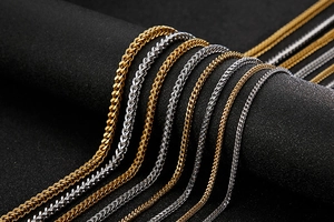 Macro detail of textured stainless steel necklace chains in gold and silver finishes
