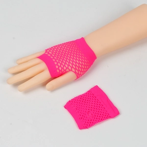 Close-up of neon pink fishnet fingerless gloves with elastic mesh texture detail