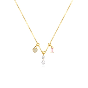 Adjustable gold necklace featuring heart and pink cubic zirconia rectangular pendants