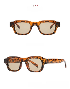 Detail view of tortoiseshell square sunglasses with tea lenses and reinforced hinge