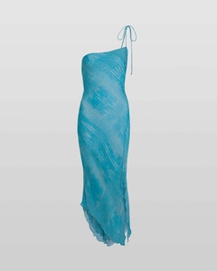 Detail of blue snake print chiffon dress with side slit and thin shoulder tie
