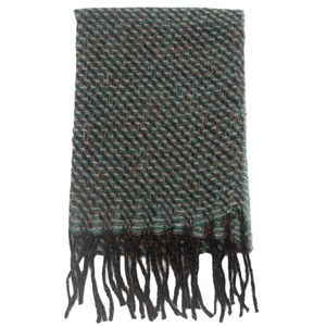 Detail of dark mixed-knit scarf featuring elegant twill patterns and delicate fringed edges