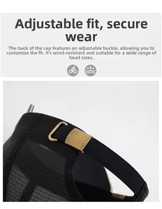 Detail of adjustable metal buckle and breathable mesh texture on the black baseball cap