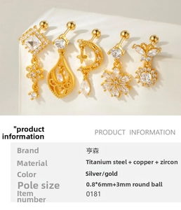 Detailed view of copper flower pendants and titanium steel studs with zircon inlays