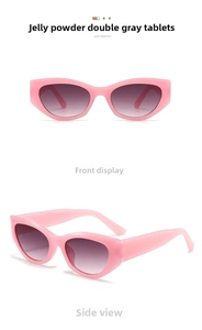 Detailed front and side view of cat-eye sunglasses in jelly pink with gray gradient lenses