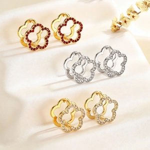 Geometric Round Hollow Hoop Earrings Stainless Steel Zircon Inlaid Minimalist Fashion Jewelry For Women Elegant Flower Heart Design