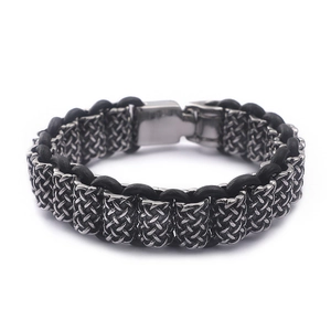 Vintage men's braided leather bracelet with stainless steel clasp in silver and black