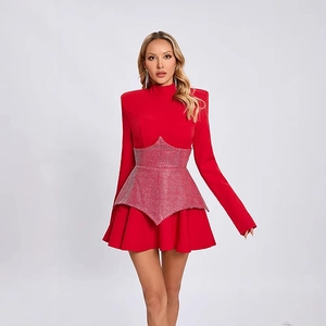 Elegant red long-sleeved A-line party dress with silver sequin peplum waist detail