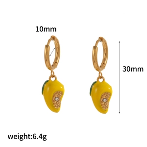 Detail showing 10mm golden hoop earrings with crystal mango charms and product weight 6.4g