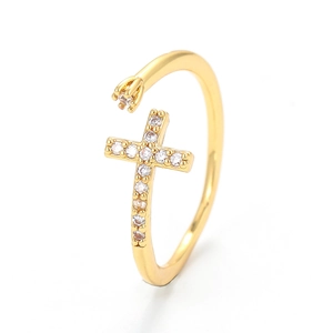 Cross Open Adjustable Ring Micro Pave Cubic Zirconia Copper Gold Plated Minimalist Jewelry For Women