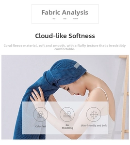 Detailed texture of blue coral fleece hair towel wrap with quick-dry honeycomb weave