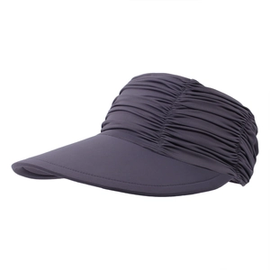 Detail of grey wide brim sun hat showing pleated stretch fabric and side texture