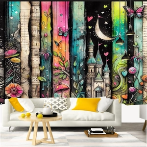 Detail of Christmas wall tapestry featuring fantasy castle and floral patterns in a living room
