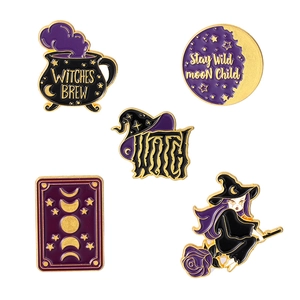 5-piece vintage witch enamel pin set with magic cauldron, wizard hat, and moon child designs