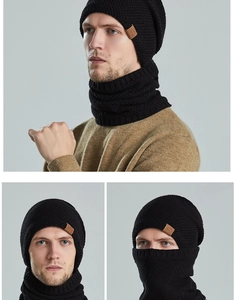Detailed knit texture of men's thermal beanie and neck warmer with a brown leather patch