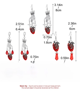 Gothic skull heart earrings set in silver and red alloy with detailed dimensions