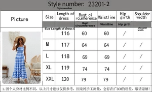 Detailed size chart for striped bohemian maxi dress with model showing blue checkered style