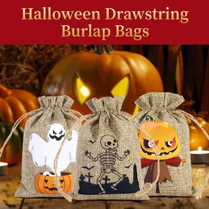 Halloween burlap drawstring bags with pumpkin, skeleton, and ghost prints for holiday treats