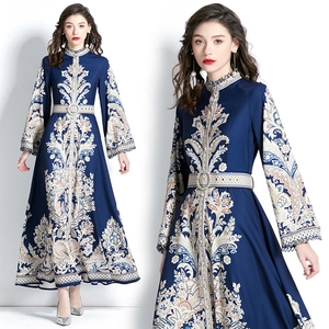 Women Vintage Palace Style Maxi Dress Stand Collar Long Flare Sleeve Baroque Print With Belt Elegant Party Gown
